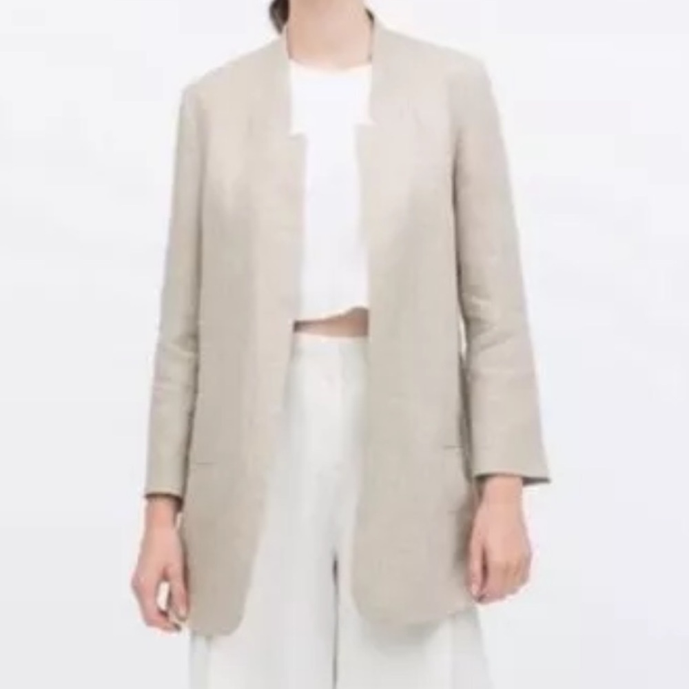 ZARA Basic Women L Open BLAZER Beige Coastal Classic Old Money New 2753/038